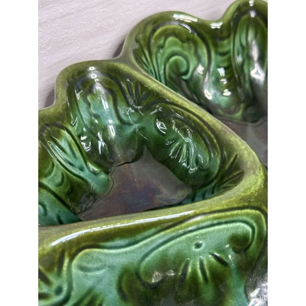 Vintage Art Deco Green Ceramic Divided Serving Tray with Gold Handle Floral Leaf